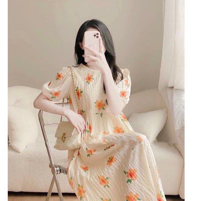 Đầm Bầu Đầm Thiết Hế Hoa Cam chất liệu đũi cao cấp vải mềm mát cho mẹ bầu đi làm thoải mái