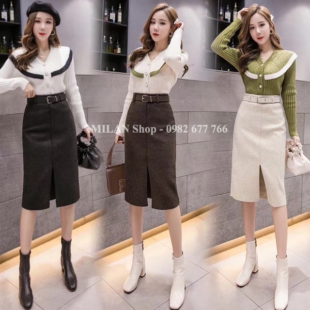 Chân váy dạ dài qua gối kèm đai trơn phom rộng | BigBuy360 - bigbuy360.vn