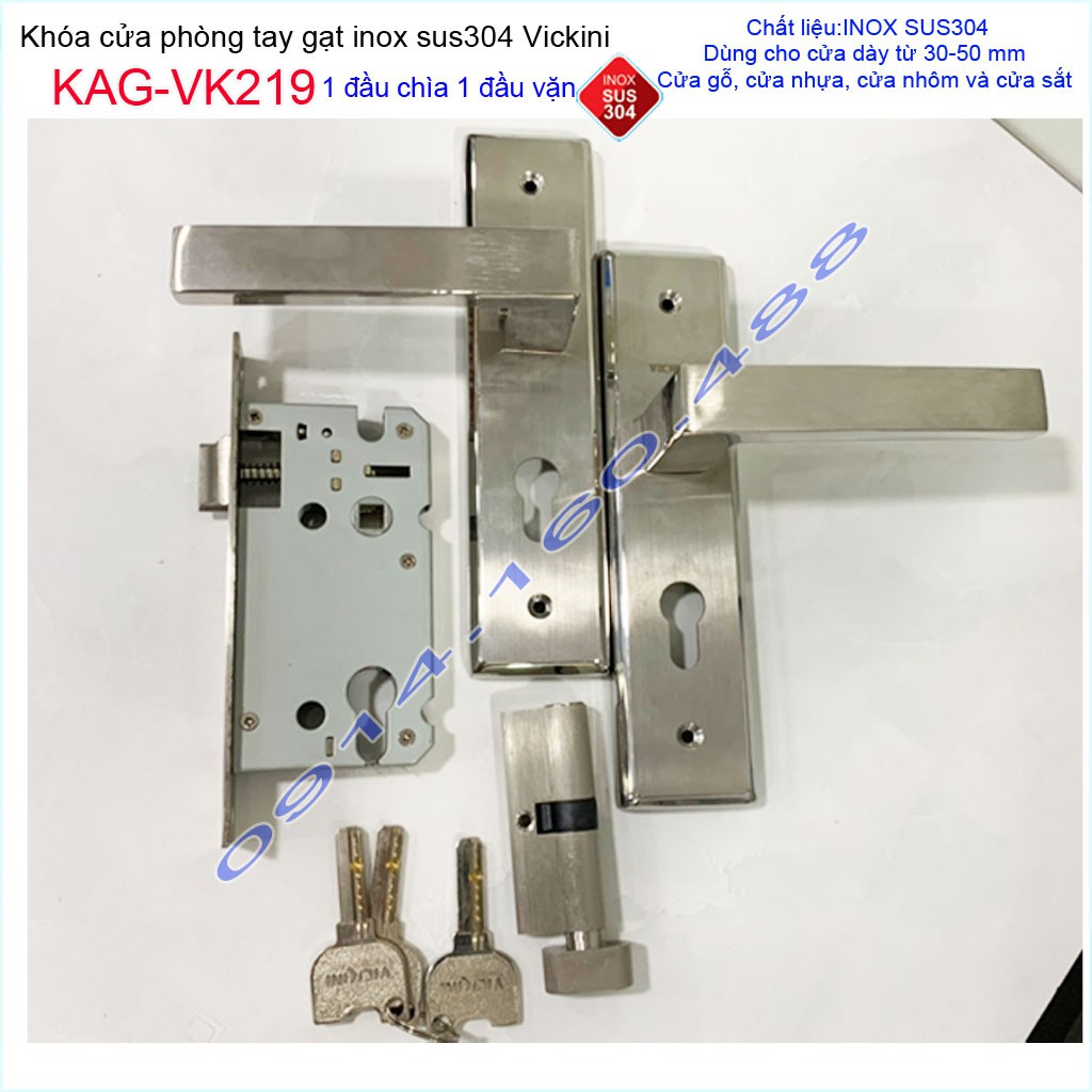 Khóa cửa tay gạt inox KAG-VK219, khóa cửa trọn bộ thân+ tay ốp + ruột khóa Vickini