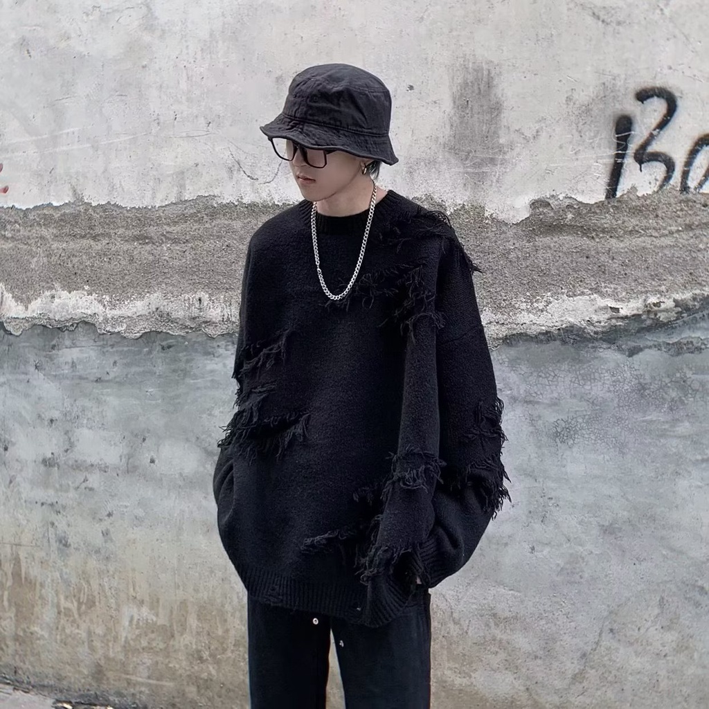 Áo Sweater Dệt Kim Tay Dài Cổ Tròn Màu Trơn Phối Rách Kiểu Đường Phố Hàn Quốc Thời Trang Cho Nam