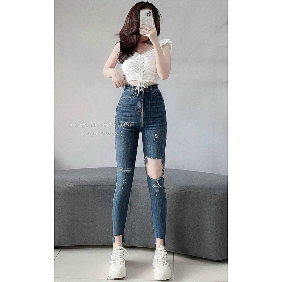 Quần jeans dáng ôm rách xước phối cá tính màu xám