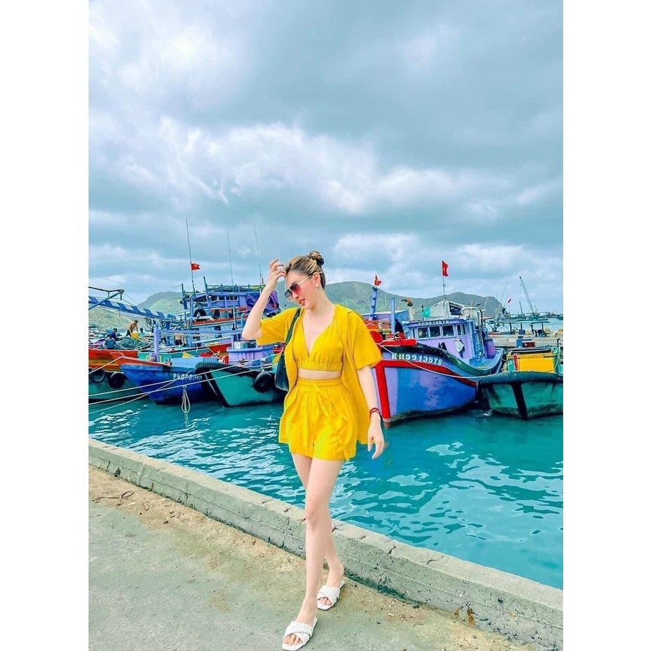 Sét 3 món áo bra quần đùi kèm áo khoác đi biền cực hot , chất kate đũi mềm mịn alohashop91