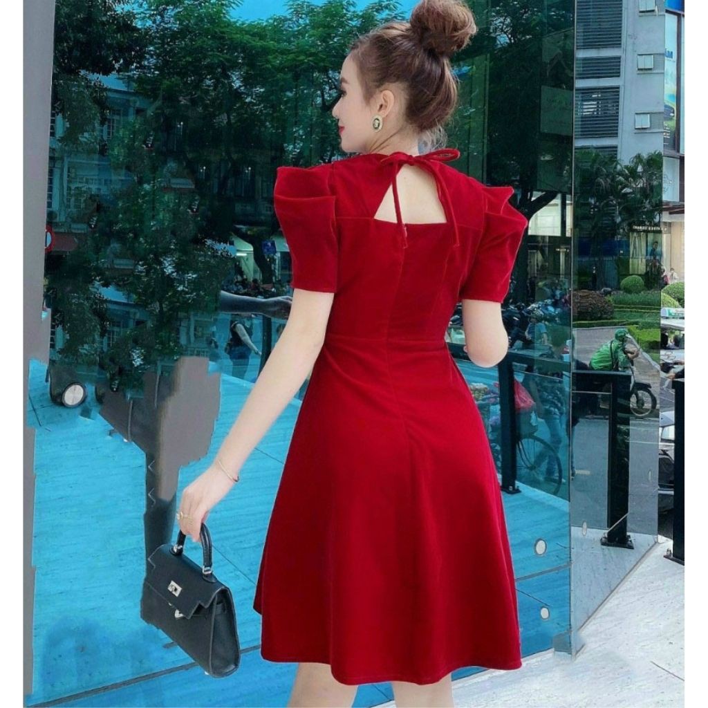 Váy Thiết Kế dáng suông, Váy nhung cổ vuông nơ lưng xinh xắn, màu đỏ đầy may mắn - H&N Shop