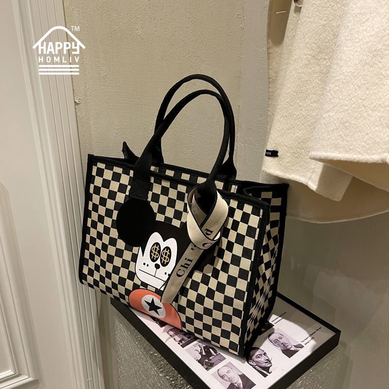 HAPPY HOMLIV Túi Tote Canvas Sức Chứa Lớn 17-Inch Đựng Máy Tính Xách Tay 2022 Họa Tiết Kẻ Sọc Phong Cách Retro Mới Cho Nữ