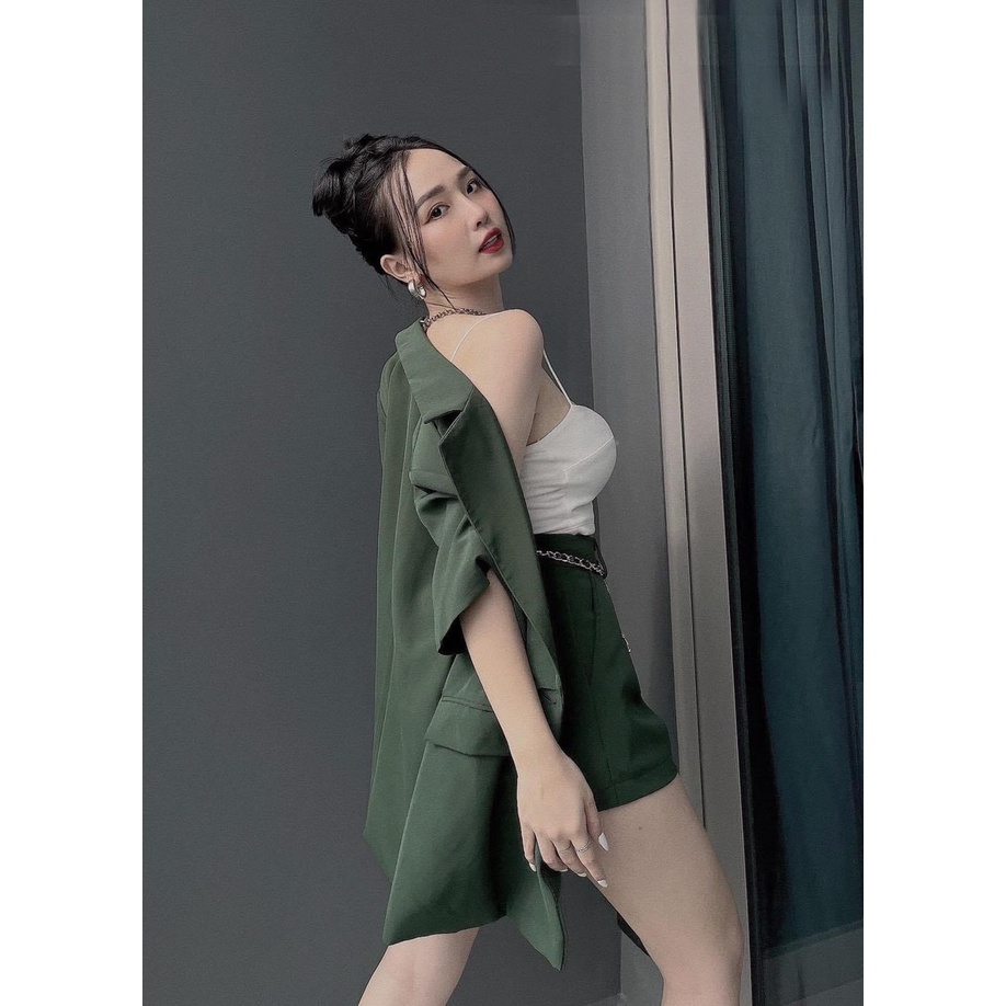 Set vest 3 món áo sơ mi thụng quần short đùi áo croptop 2 dây TH486