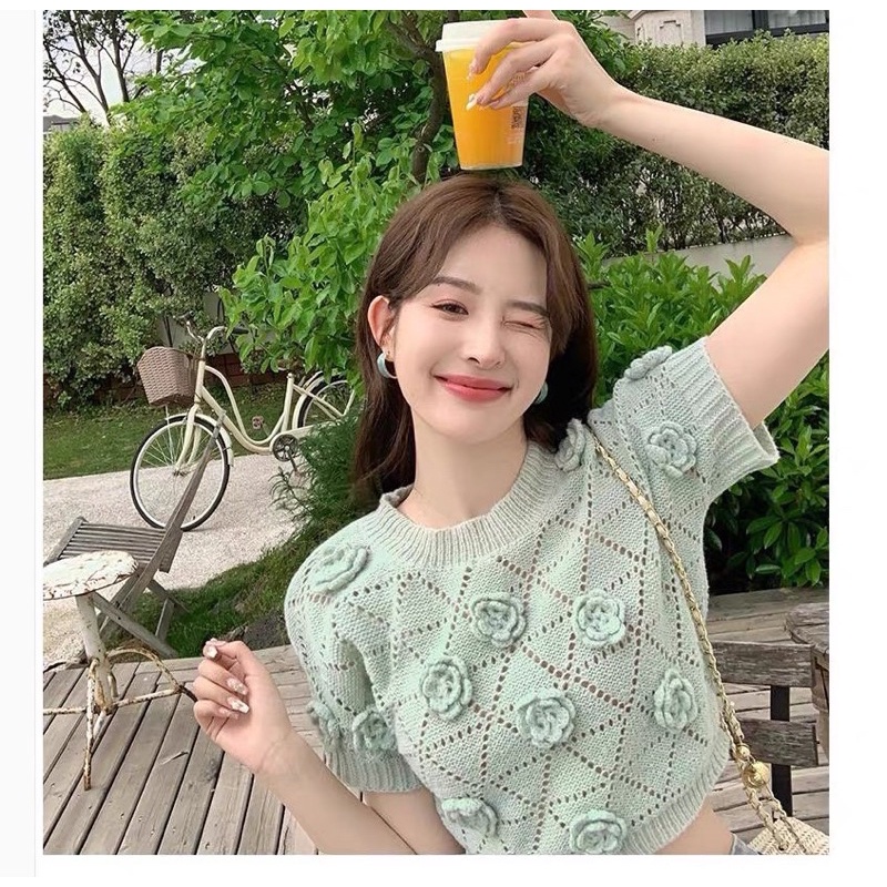 Áo len hoa nổi croptop Quảng Châu hot hit, Áo len croptop hoa nổi siêu xinh