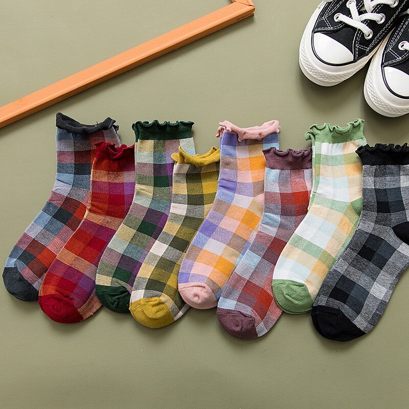 Plaid Ruffles Sweet Girls Ankle Socks Fashion Cotton Checked Women Cozy Hosiery Cute Japanese Female Crew Socks