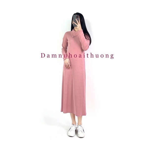 Váy nữ suông thu đông cổ kiểu 2 màu hồng ruốc và đen - Đầm nữ Hoài Thương