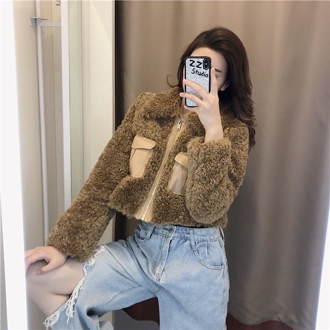 Lamb wool coat female autumn winter 2021 new style fur all-in-one short-style furry blouse is plush and thickened