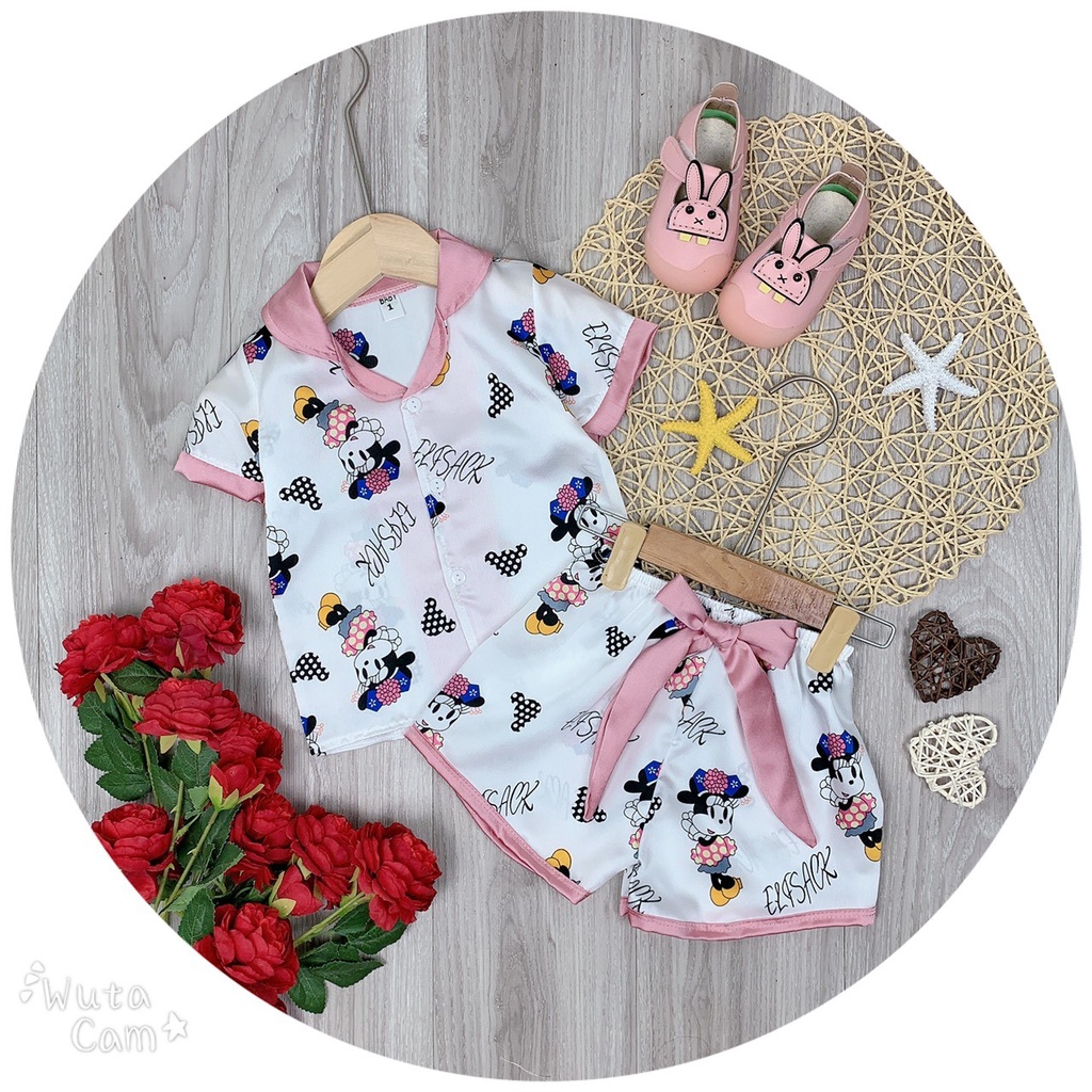 SALE BỘ PIJAMA CÔC TAY CHẤT LỤA SATIN MỀM MỊN MÁT CHO BÉ GÁI SIZE 14-27KG
