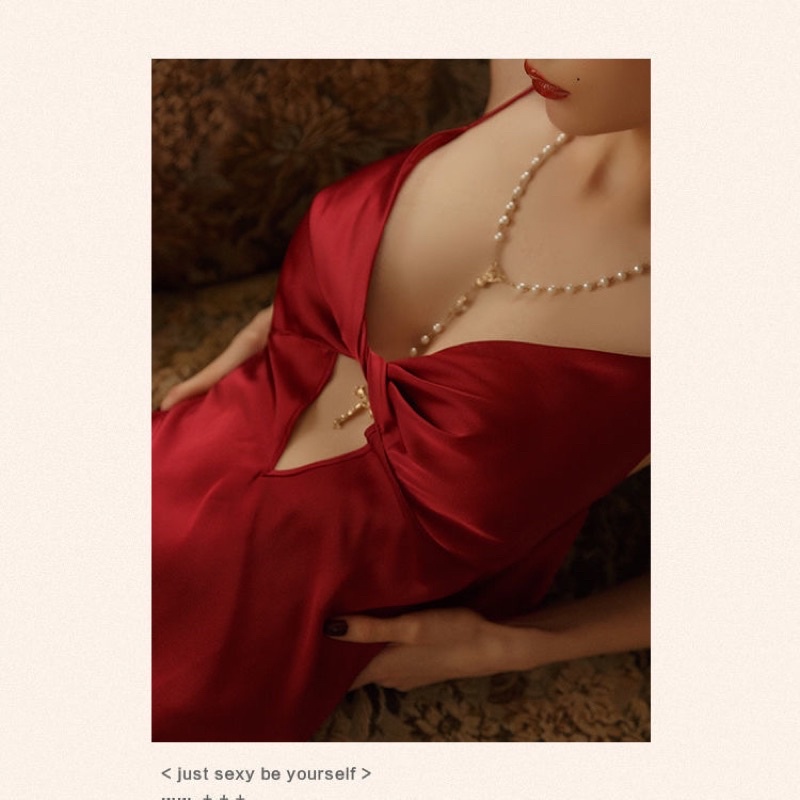 Đầm ngủ sexy, Váy ngủ 2 dây lụa sexy khoét giọt nước phối nơ ngực ST50