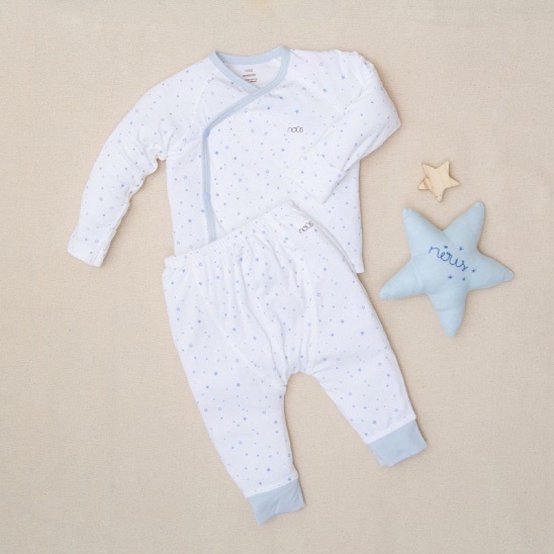 Bộ Quần Áo Sơ Sinh Nous Cài Lệch Trắng Xanh Lơ Nhạt Nous (Size Sơ Sinh Newborn NB)