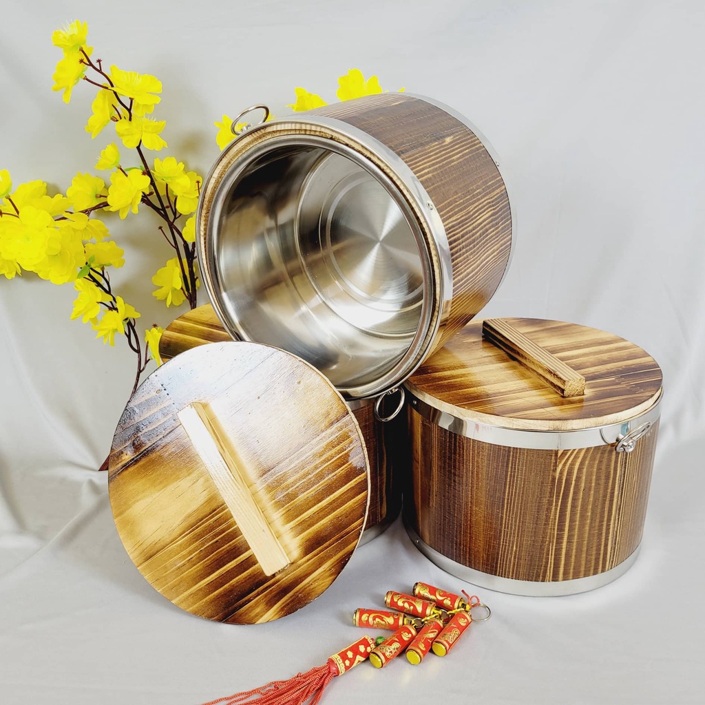 Thùng GỖ làm TÀU HỦ, THỐ ĐỰNG CƠM - Ruột INOX. Dụng cụ dùng làm NỒI Ủ, trữ GẠO đựng chứa trữ thực ph