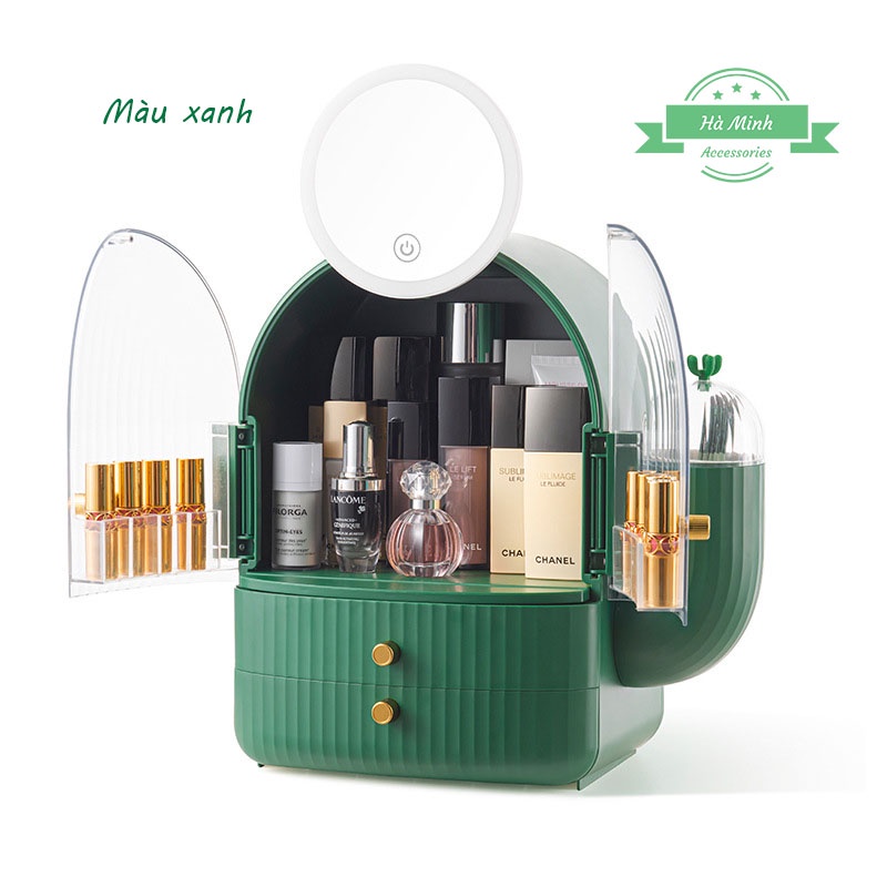 Hộp Đựng Mỹ Phẩm Dung Tích Lớn Để Bàn Có Gương LED Phong Cách Xương Rồng Sang Trọng