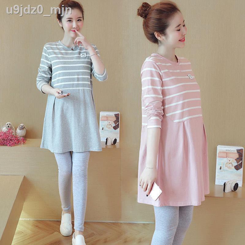 Maternity dress autumn and winter fashion Korean version of long-sleeved plus velvet thick mid-length striped skirt two- | BigBuy360 - bigbuy360.vn