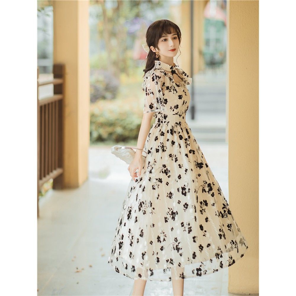 Đầm Sườn Xám Cách Tân Tay Phồng Phối Ren Họa Tiết Hoa Thời Trang Mùa Hè Phong Cách Retro Kiểu Mới