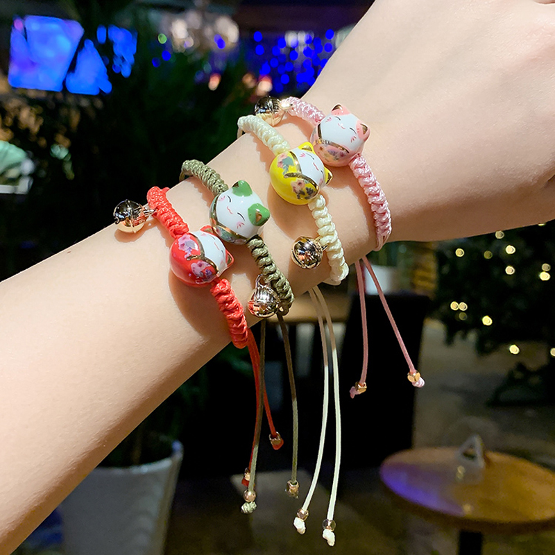 Vòng Tay Dây Bện Mặt Hình Mèo Bằng Sứ Cho Cặp Đôi