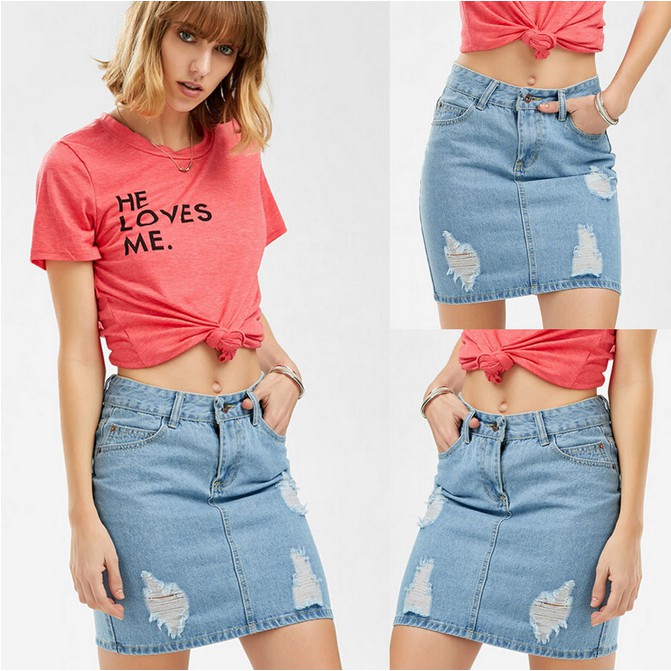 Chân váy jeans dáng ôm phối rách thời trang cho nữ