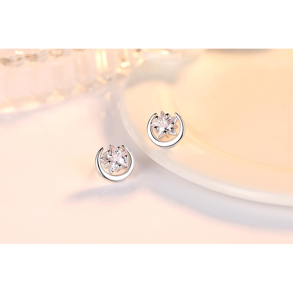 Khuyên Tai Hình Mặt Trăng Ngôi Sao Năm Cánh Mạ Bạc 925 Phong Cách Nhật Hàn Dễ Thương Sáng Tạo Dành Cho Bạn Gái 1