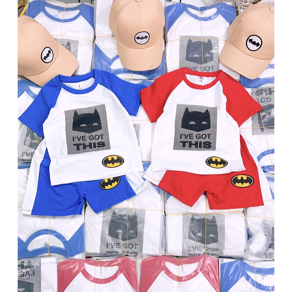 Bộ cộc tay bé trai TẶNG KÈM MŨ, Sét cộc tay chất cotton họa tiết Batman kèm mũ lưới trai