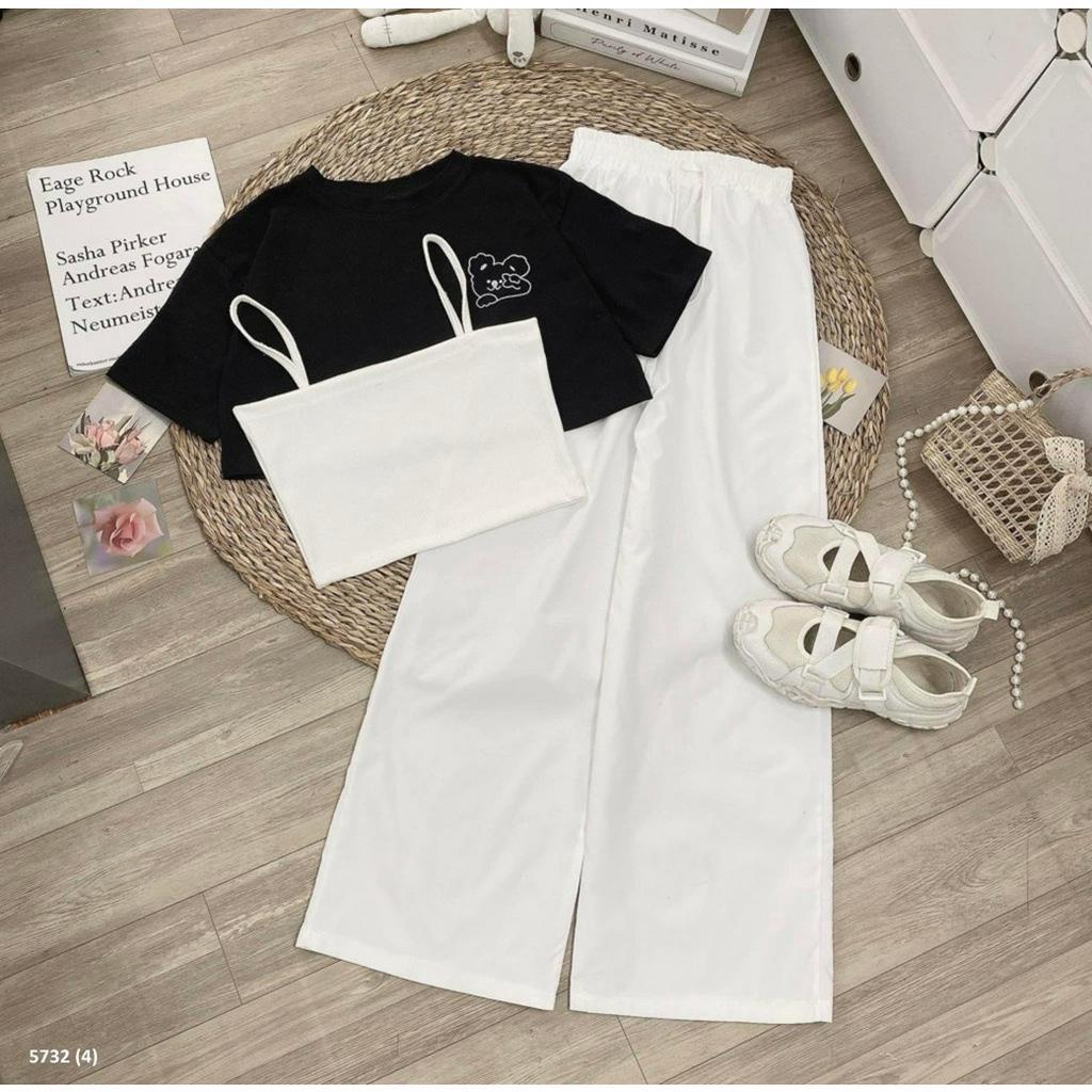 [Hot] Bộ 3 món quần kaki kết hợp áo croptop cùng áo hai dây đẹp hết nước chấm HD55P