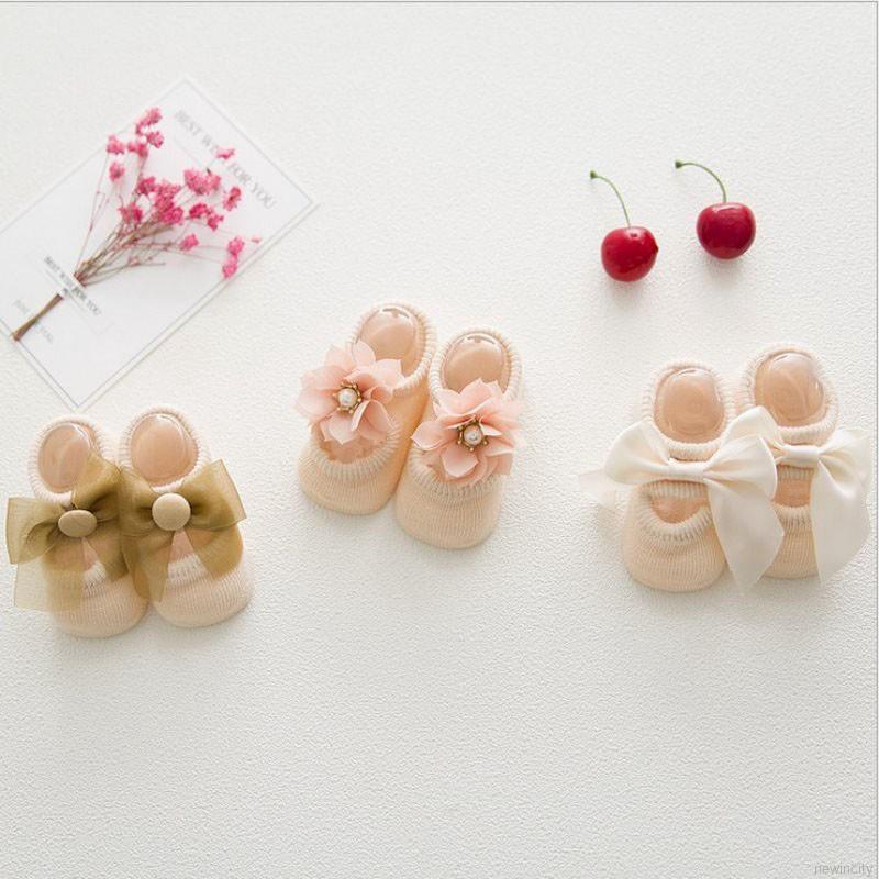 Bộ 3 đôi tất cotton đính nơ chống trượt cho bé