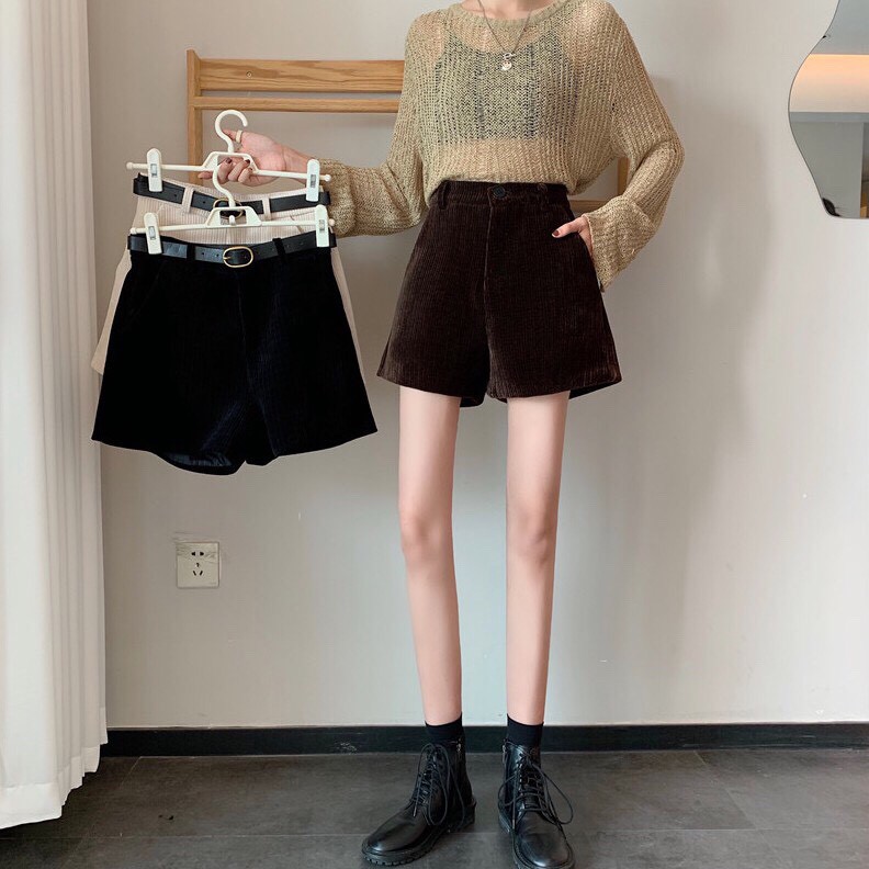 Quần short nữ cạp cao silive quần short vải nhung kèm đai siêu xinh