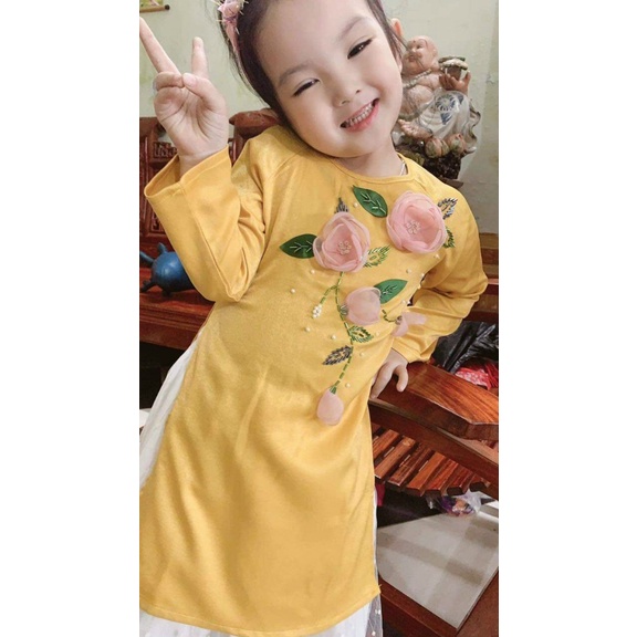 Bộ áo dài và váy cho bé gái từ 9 tháng đến 16 tuổi bằng lụa Tây Thi thêu hoa 3D cực xinh xắn