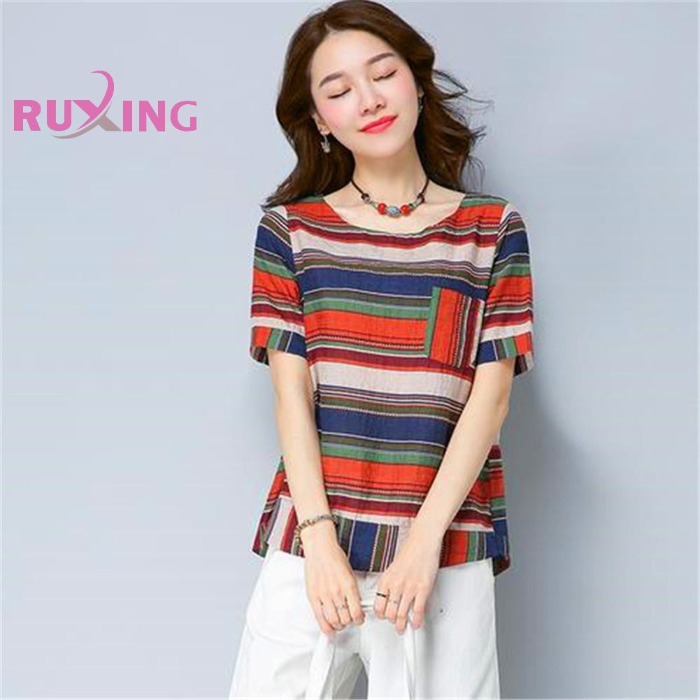 ❤ⓡⓤⓧⓘⓝⓖRetro Stripe Loose Short Sleeve Tees Tops Ethnic Women O-neck Linen T-shirt