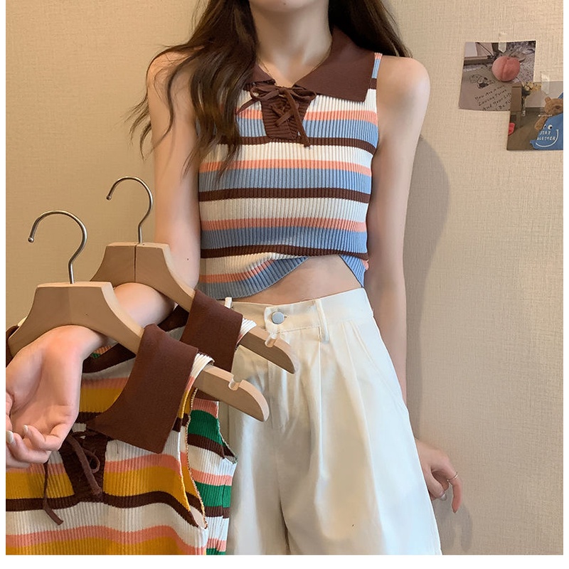 Áo Hai Dây Cổ Polo Họa Tiết Kẻ Sọc Màu Sắc Tương Phản Thời Trang Mùa Hè 2022 Dành Cho Bạn Nữ