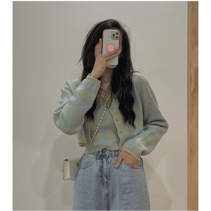 Set áo hai dây len kẻ ô kèm cardigan cùng màu phong cách Hàn Quốc - Xưởng May Hạnh Hồng | BigBuy360 - bigbuy360.vn