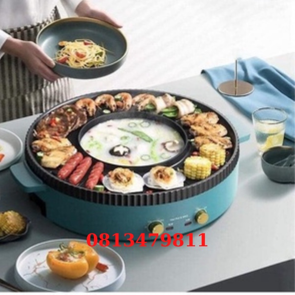 Nồi lẩu nướng đa năng 2 trong 1, bếp lẩu nướng tròn 2 ngăn với bề mặt chống dính dễ dàng vệ sinh tặng kèm vung kính