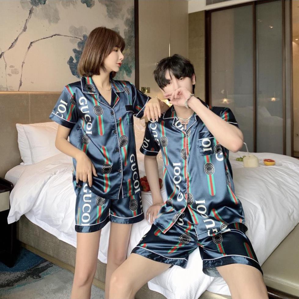 Bộ bộ pijama cộc tay couple nam nữ chất vải lụa phi bóng siêu mát 👑  ༷