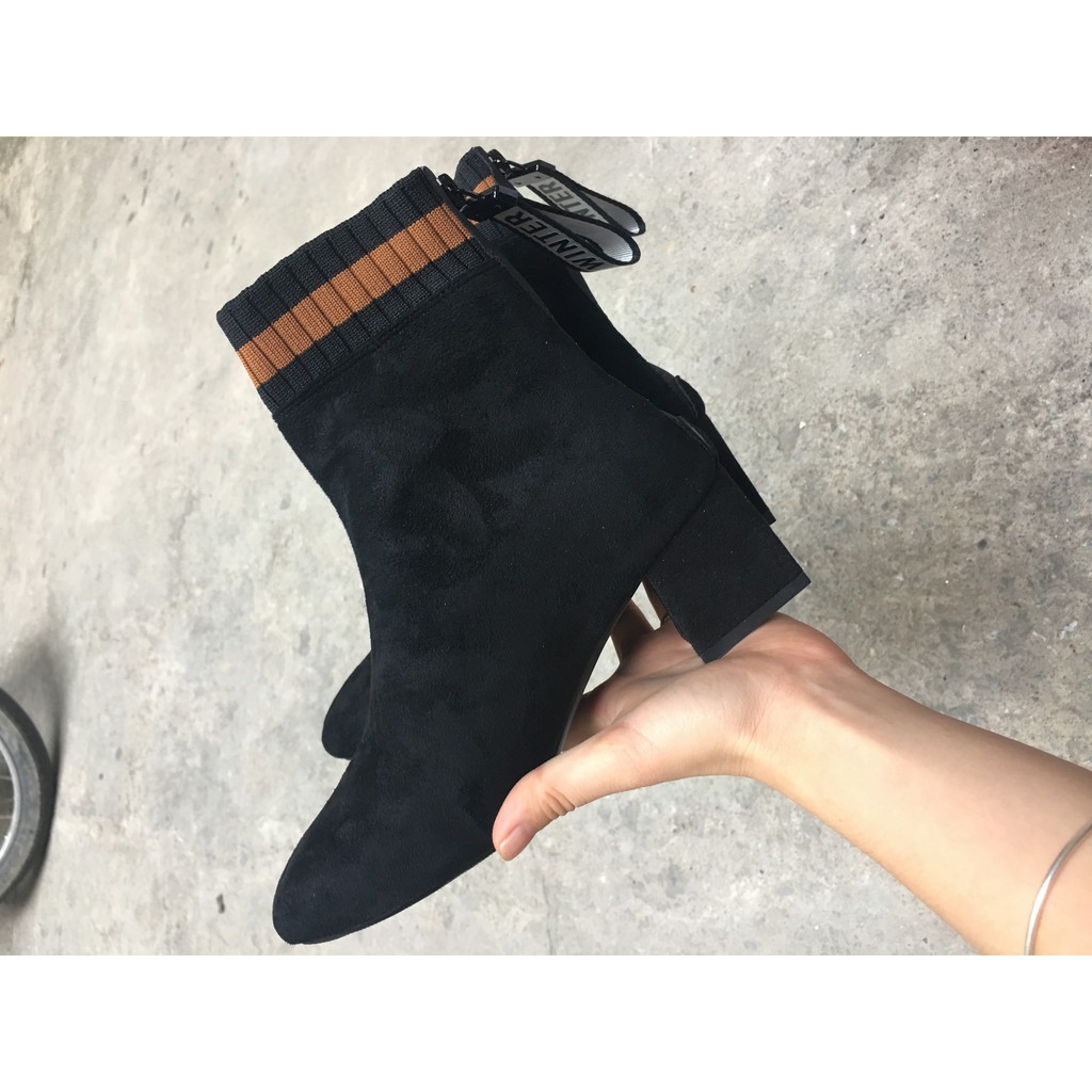 [Mã FASHIONGREEN15 giảm 10% tối đa 30k đơn từ 99k] Boot Da Lộn Gót Vuông Cổ Chun Cam Khóa Sau Phối Dây Cá Tính A001 | BigBuy360 - bigbuy360.vn