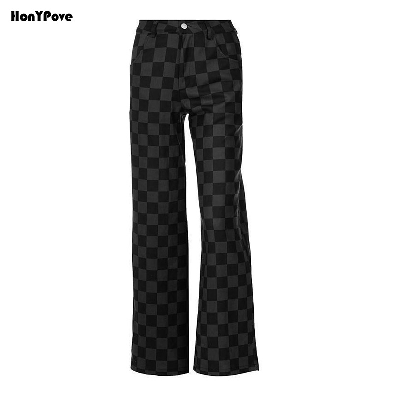 Honypove Quần denim jean dài ống rộng họa tiết sọc ca rô thời trang dành cho nữ