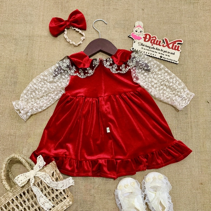 [ HOT 2021] Váy nhung đỏ phối ren mềm hàng cao cấp cho bé gái 3-18kg