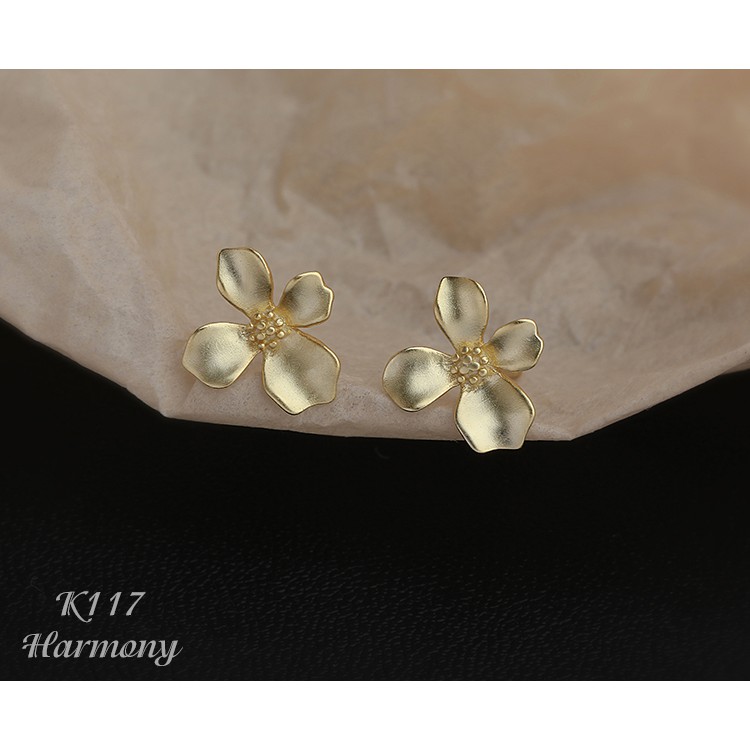 Bông tai, Khuyên tai nữ bạc 925 cao cấp hoa 4 cánh Gold Flower xinh xắn, dễ thương, cực sang K117| TRANG SỨC HARMONY