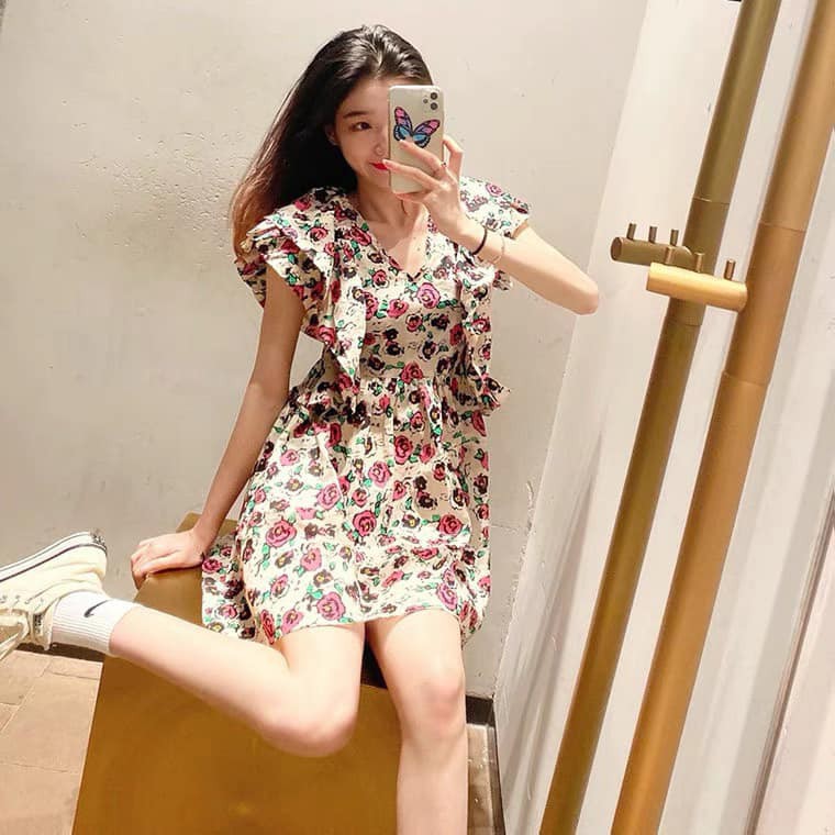Váy đầm nữ họa tiết Hoa Hồng Tay Bồng Cánh Tiên Chun Eo Chất Lụa Hàn Cao Cấp