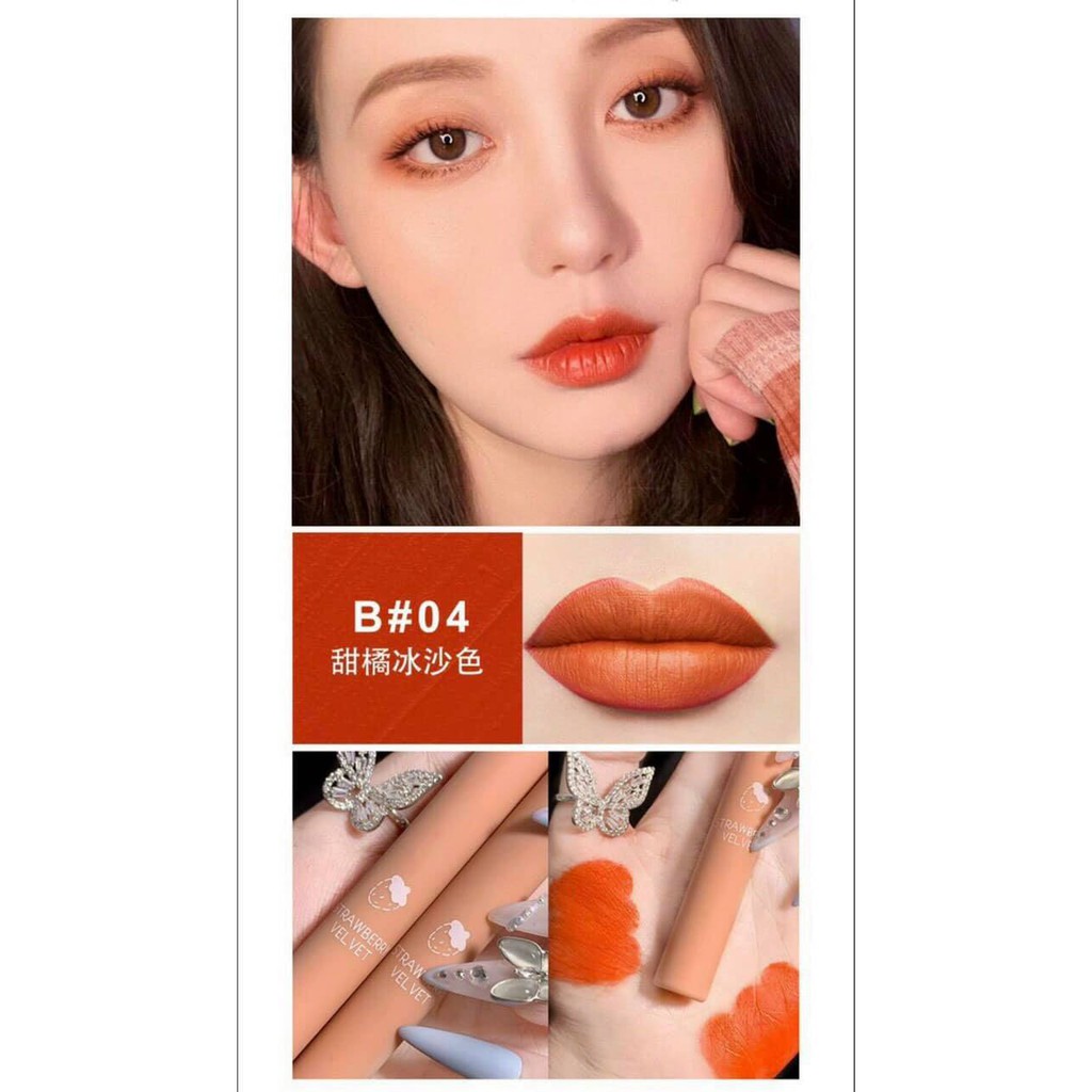 🔥 SON KEM STRAWBERRY VELVET TINT 💋1 - đỏ tươi ánh cam ( đỏ cà chua ) 2 - đỏ tươi thuần 3 - cam đất nude 4 - cam tươi