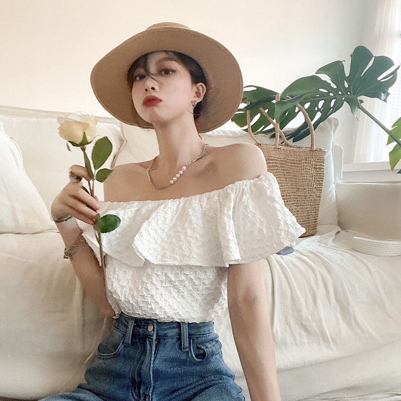 Design High-Grade Ruffled Collarbone off-Shoulder Top Summer Super Fairy Jacquard Short Sleeve Western Style Women's White Shirt