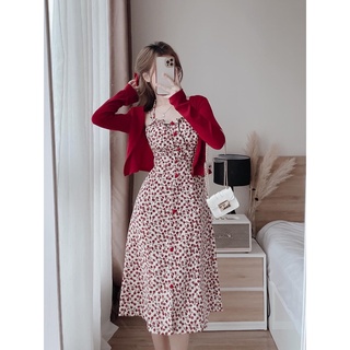 Set váy hoa nhí đỏ kèm áo khoác cardigan , váy hoa nhí nhún ngực kèm áo khoác len tăm , váy tiểu thư 2 dây họa tiết hoa