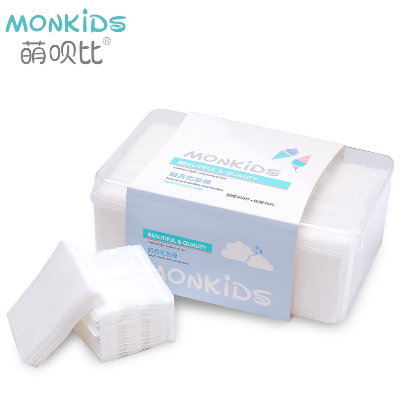 Bông tẩy trang 1000 miếng MONKIDS kèm hộp đựng bông tẩy trang cotton tự nhiên mỏng mềm mại bám dính chất tẩy trang tốt