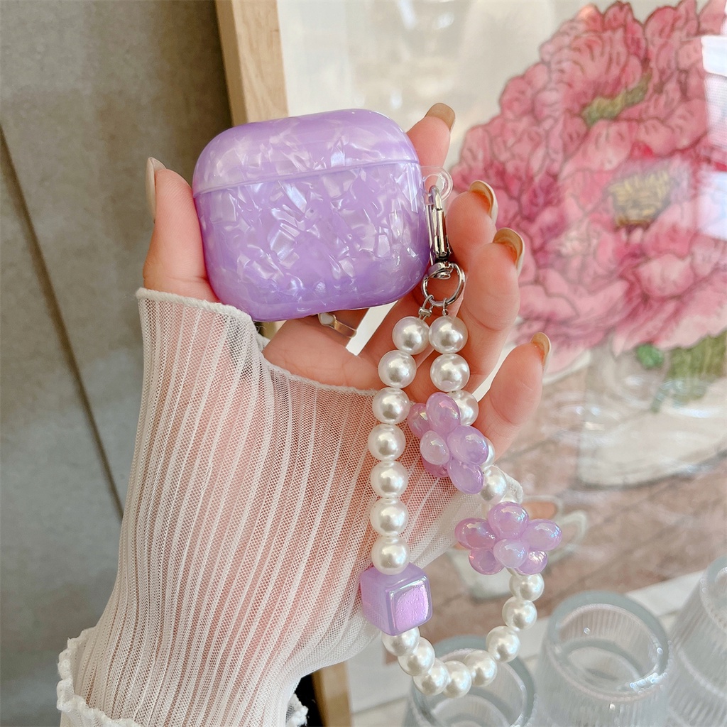Vỏ Bảo Vệ Hộp Sạc Tai Nghe AirPods Pro 1 2 3 Họa Tiết Vỏ Sò + Dây Đeo Ngọc Trai Sang Trọng Thời Trang