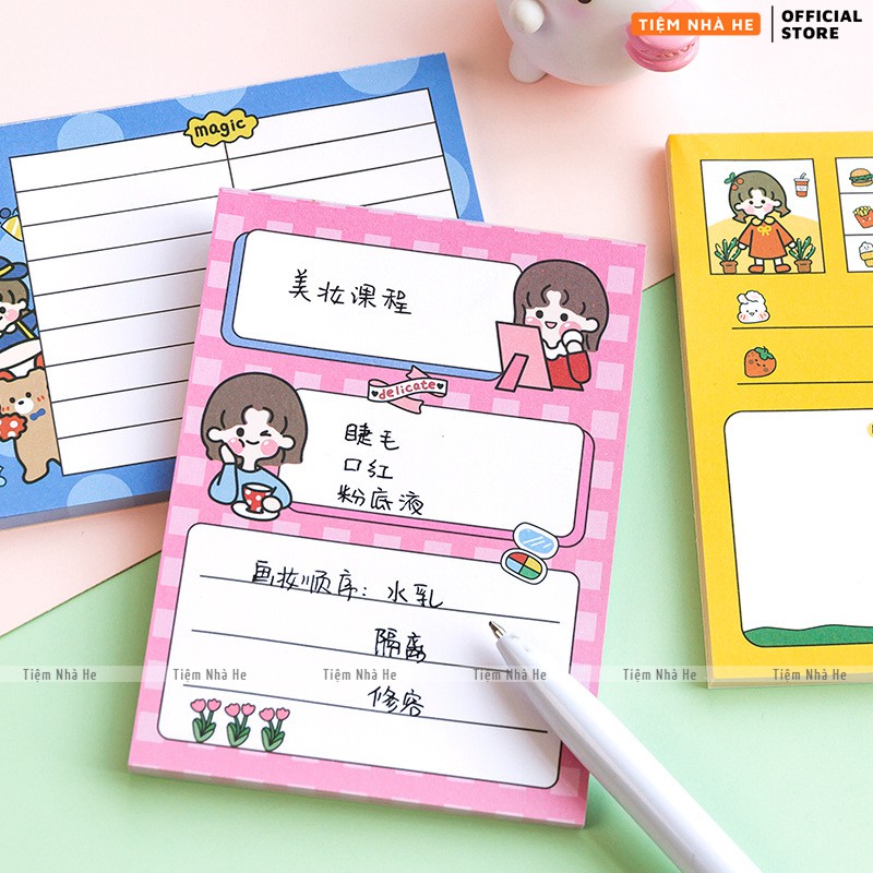 Giấy Note Cute Tiệm Nhà He Ghi Chú Thời Khóa Biểu Khung Hoạt Hình Dễ Thương Set 50 tờ