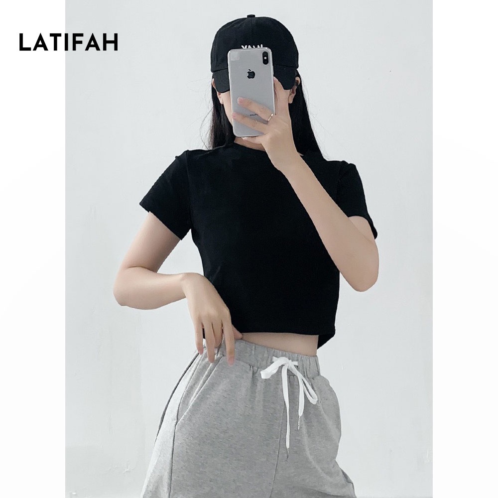 Áo thun croptop tay lỡ Latifah TRƠN AT014 thun co giãn 4 chiều