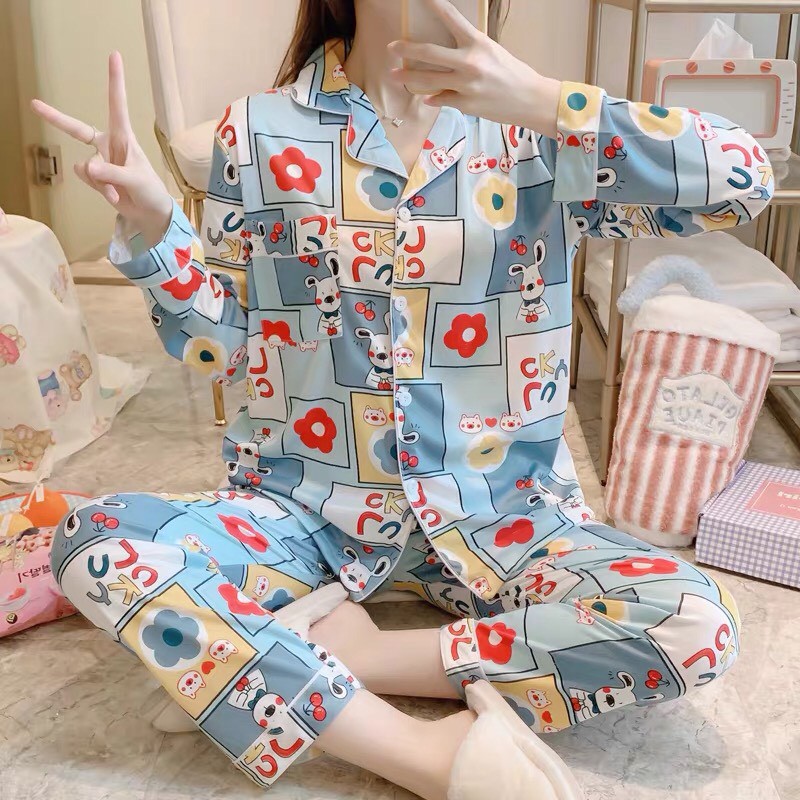 Pijama nữ hoạt tiết vintage phong cách ulzzang dài tay cao cấp - Đồ mặc nhà nữ