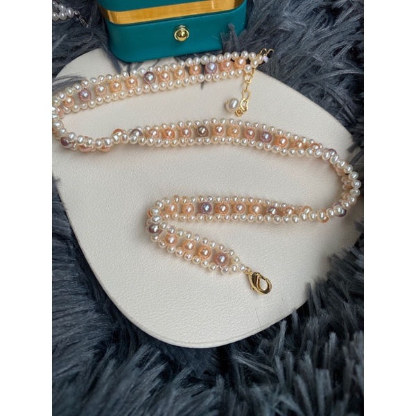Chuỗi đeo cổ ngọc trai nhân tạo đan 3 màu