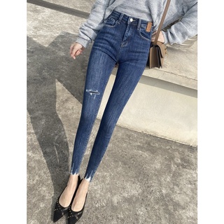 Quần jean rách 9 tấc Bigsize lưng cao, rách vá đắp, màu xanh đậm, co dãn mạnh 4 chiều 4083 Molijean