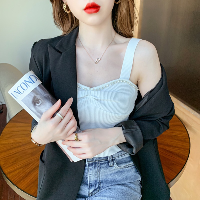 Áo hai dây ZHELIHANGFEI dệt kim ngắn đính hạt công nghiệp gợi cảm