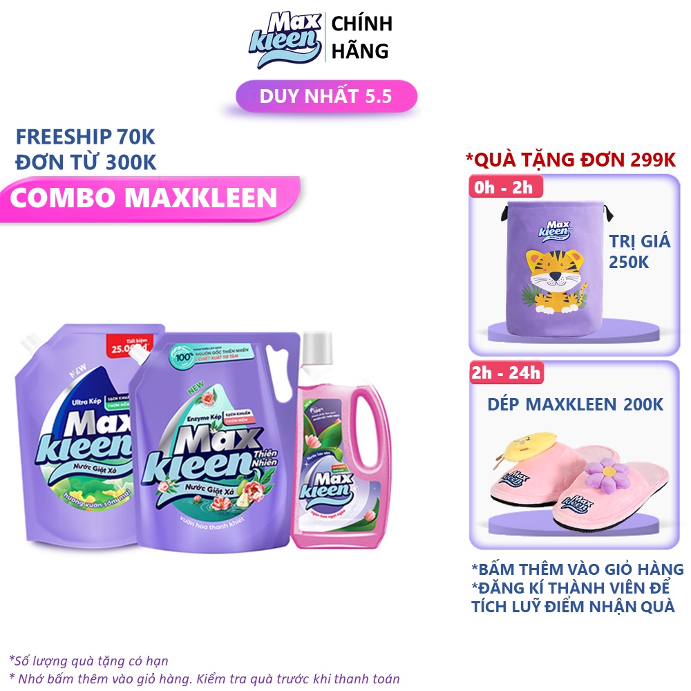 Nhà Bao việc có MaxKleen bao tuyệt: 1 Túi Garden 2.4kg + 1 Túi Natural 2.2kg + 1 Chai lau sàn 1kg Ngàn hoa ngọt ngào